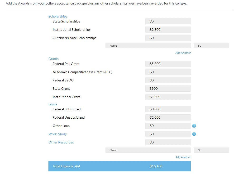 MEFA Pathway Financial Aid Award Screen